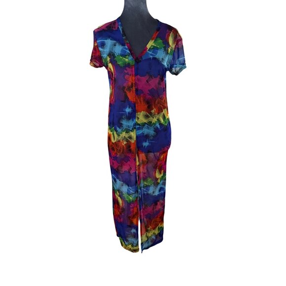Womens Colorful Sheer Short Sleeve Maxi Dress V-Neck Lightweight NYC Brand Size - Picture 1 of 6